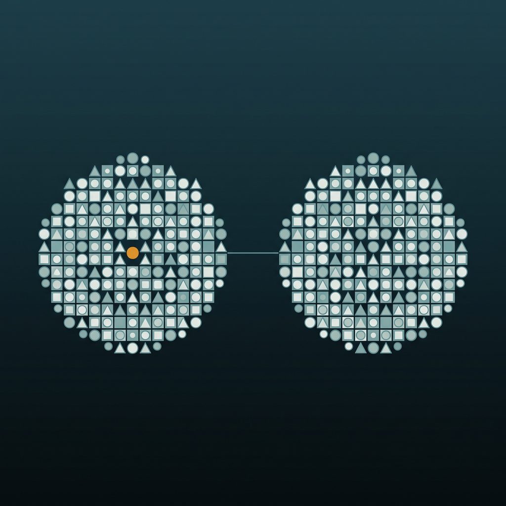 Two circles made of small shapes joined by a line, one with an amber centre.